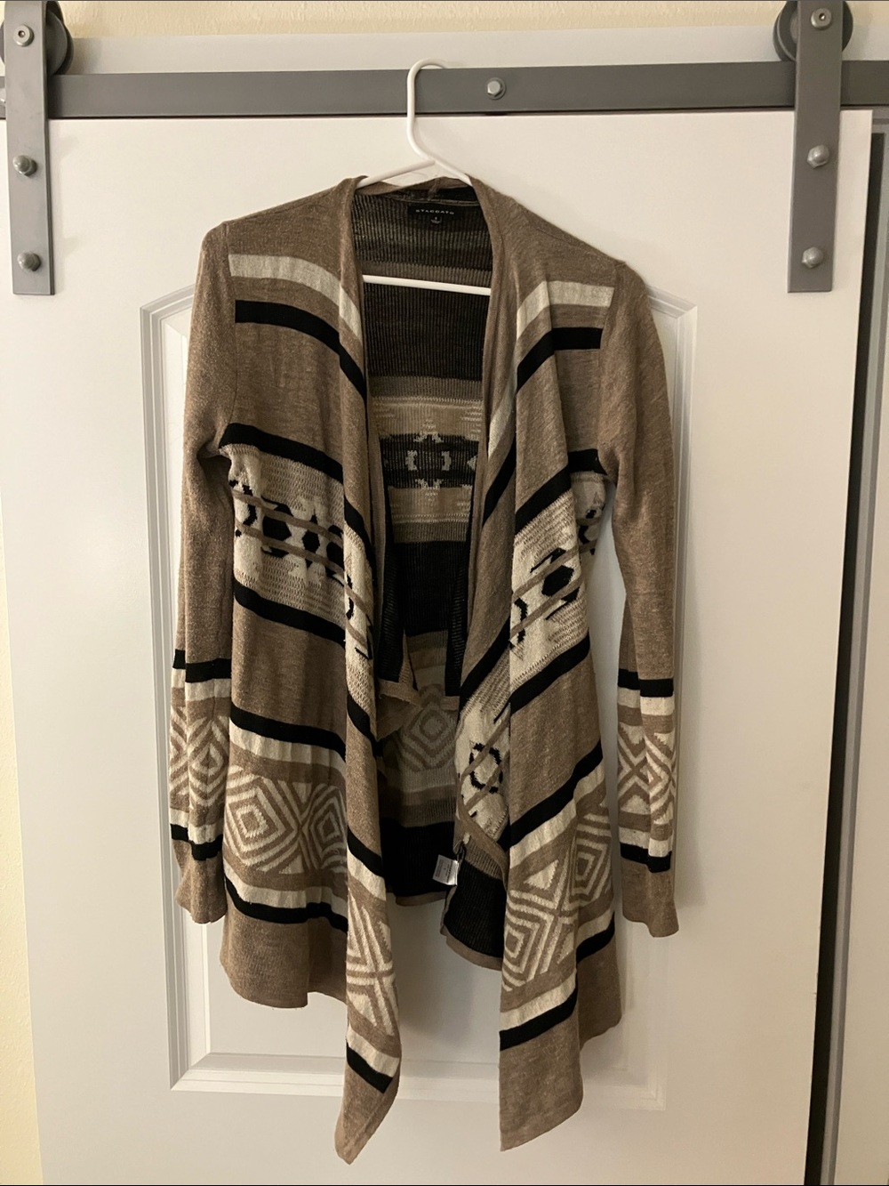 Open-Front Taupe and Black Aztec-Print Draped Cardigan